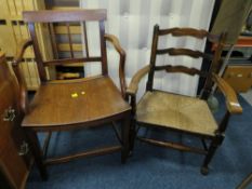 AN ANTIQUE MAHOGANY ARMCHAIR WITH AN OAK WICKERSEAT ARMCHAIR (2)