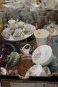 A TRAY OF ASSORTED CERAMICS AND GLASS TO INC MINIATURE TEA SET, AYNSLEY ETC