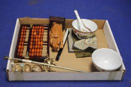 A QUANTITY OF ORIENTAL COLLECTABLES TO INCLUDE A PIPE, ABACUS ETC