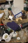 THREE TRAYS OF MIXED CHINA AND GLASSWARE TO INCLUDE MUGS, COFFEE POTS, MEASURING JUGS ETC