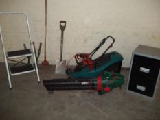A SELECTION OF GARDEN TOLLS TO INCLUDE A BOSCH LAWN MOWER ETC