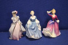 TWO ROYAL DOULTON FIGURINES 'MELISSA' AND 'HILARY' TOGETHER WITH A ROYAL WORCESTER FIGURINE '