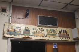 A RYAN SMITH PRINT OF A CHILDREN'S STEAM TRAIN WITH TENDER WITH 3 PIECES OF ROLLING STOCK TO INCLUDE