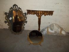 A WALL MOUNTED SHELF AND TWO MATCHED MIRRORS