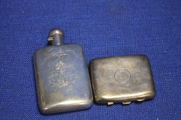 A HALLMARKED SILVER HIP FLASK TOGETHER WITH A HALLMARKED SILVER CIGARETTE CASE