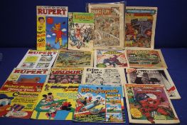 A COLLECTION OF COMICS TO INCLUDE MARVEL, TARZAN, RUPERT WEEKLY, MICKEY MOUSE, ETC