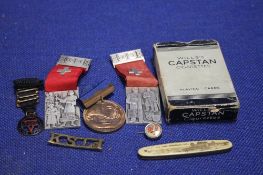 A QUANTITY OF MEDALS, ADVERTISING PLAYING CARDS, PEN KNIFE ETC