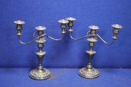 TWO WHITE METAL 3 BRANCH CANDLEABRAS