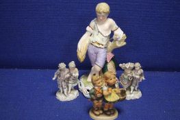THREE CONTINENTAL STYLE FIGURES TOGETHER WITH A GOEBEL FIGURE