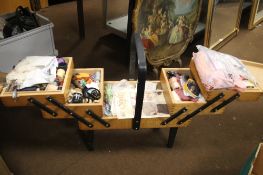 A SEWING BOX AND ACCESSORIES