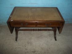 A DROP LEAF INLAID LEATHER TABLE