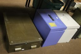 A TWO DRAWER METAL FILING CABINET TOGETHER WITH 2 LOCKABLE METAL STORAGE UNITS