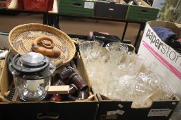 A TRAY OF CUT AND PRESSED GLASSWARE TOGETHER WITH A TRAY OF SUNDRIES (TRAYS NOT INCLUDED)