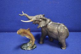 A BESWICK ELEPHANT A/F TOGETHER WITH A BESWICK TROUT A/F