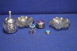 TWO HALLMARKED SILVER PIERCED BASKETS, 2 HALLMARKED SILVER PILL BOXES ETC