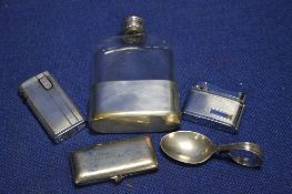 A WHITE METAL HIP FLASK, 2 LIGHTERS , A VESTA AND A SPOON