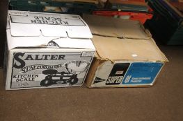 A BOXED SET OF SALTER SCALES TOGETHER WITH A PROJECTOR