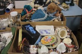 A TRAY OF CERAMICS TOGETHER WITH A TRAY OF SOFT TOYS (TRAYS NOT INCLUDED)