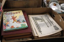 A TRAY CONTAINING A PAIR OF WAR ILLUSTRATED VINTAGE BOOKS, RUPERT BOOK AND A LARGE QUANTITY OF WAR