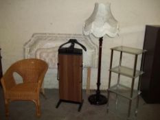 FIVE ITEMS TO INCLUDE A FLOOR STANDING LAMP, A TROUSER PRESS ETC