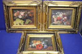 THREE GILT FRAMED OILS ON CANVAS OF FLOWERS 43 CM X 38 CM