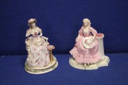 A ROYAL WORCESTER FIGURINE 'EMBROIDERY' TOGETHER WITH A COALPORT FIGURINE 'MAY QUEEN'
