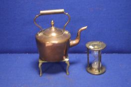 A COPPER KETTLE ON BRASS STAND AND A BRASS EGG TIMER