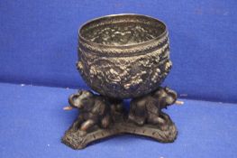 A LARGE 19TH CENTURY BURMESE SILVER THABEIK BOWL, WITH A HIGH RELIEF REPOUSSE DECORATION OF A