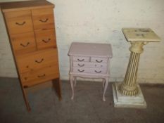 A NARROW PINE CHEST OF DRAWERS TOGETHER WITH A SIDE CUPBOARD ETC