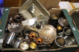 A TRAY OF WHITE METAL ITEMS TO INCLUDE A DRESSING TABLE MIRROR