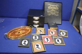 EIGHT FRAMED PORTRAITS, A TRAY ETC