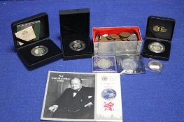A COLLECTION OF ASSORTED COINS TO INCLUDE ROYAL MINT FIVE POUND COIN, CHURCHILL COIN ETC