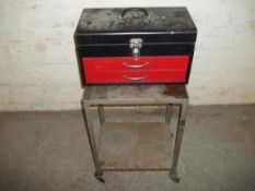 A TALCO 2 DRAW TOOLBOX WITH TOOLS CONTENTS AND TROLLEY STAND