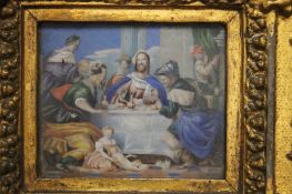 A GILT FRAMED ECCLESIASTICAL OIL ON BOARD 20 CM X 20 CM