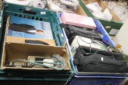 TWO TRAYS OF SUNDRIES TO INCLUDE A VIDEO CAMERA, RECORDS ETC (TRAYS NOT INCLUDED)