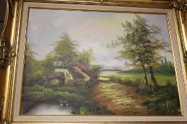 A GILT FRAMED OIL ON CANVAS OF A COUNTRYSIDE SCENE 64 CM X 69 CM