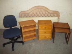 SIX ITEMS TO INCLUDE A PINE CHEST OF DRAWERS, A TEAK NEST OF 2 TABLES ETC