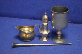 A COLLECTION OF HALLMARKED SILVER TO INCLUDE A GOBLET, SUGAR SIFTER, CREAM JUG ETC
