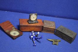 A BOX OF COLLECTABLES TO INCLUDE 2 CARVED BOXES, A MINIATURE BRASS ANVIL AND A COMPASS ETC
