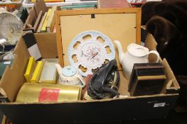 A BOX OF COLLECTABLES TO INCLUDE A VINTAGE IRON
