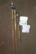 TWO VINTAGE FISHING RODS AND A WHIP ETC