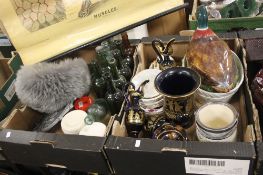 TWO TRAYS OF CERAMICS AND GLASSWARE TO INCLUDE BOTTLES (TRAYS NOT INCLUDED)