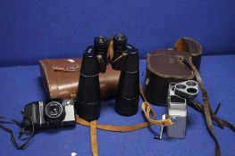 A PAIR OF WRAY BINOCULARS TOGETHER WITH A KONICA CAMERA AND BELL AND HOWELL CAMERA