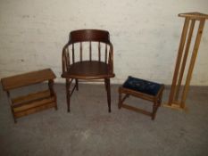 AN OAK ARM CHAIR A STOOL AND A SHOE STAND