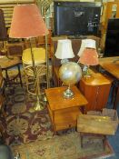 A MID CENTURY TEAK NEST OF TABLES, CD CABINET AND CONTENTS, OCCASIONAL TABLE , TWO STANDARD LAMPS,
