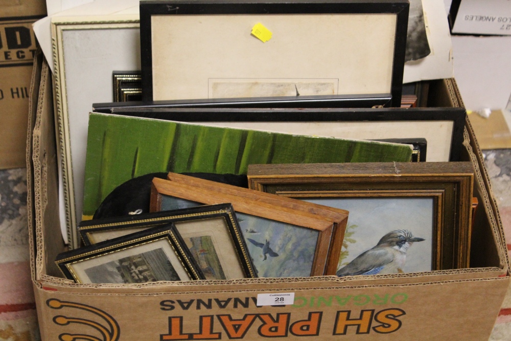 A BOX OF ASSORTED PICTURES AND PRINTS ETC TO INCLUDE AN OIL OF A BLACK DOG - Image 6 of 8