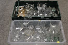 TWO BOXES OF ASSORTED GLASSWARE TO INCLUDE MARTINI GLASSES, COCA COLA, CUT GLASS, BRANDY GLASSES