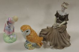 A BESWICK OWL TOGETHER WITH A ROYAL DOULTON MARY MARY HN2044 AND A COALPORT AGE OF ELEGANCE LTD