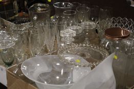 FOUR BOXES OF ASSORTED GLASSWARE TO INCLUDE CUT GLASS EXAMPLES. TWO WHITE STUDIO GLASS BOWLS ETC