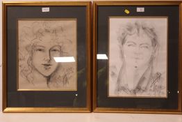 TWO MIXED MEDIA PORTRAIT SKETCHES TOGETHER WITH FRAMED MUSIC SCORES (4)
